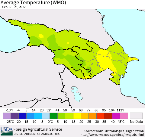 Azerbaijan, Armenia and Georgia Average Temperature (WMO) Thematic Map For 10/17/2022 - 10/23/2022