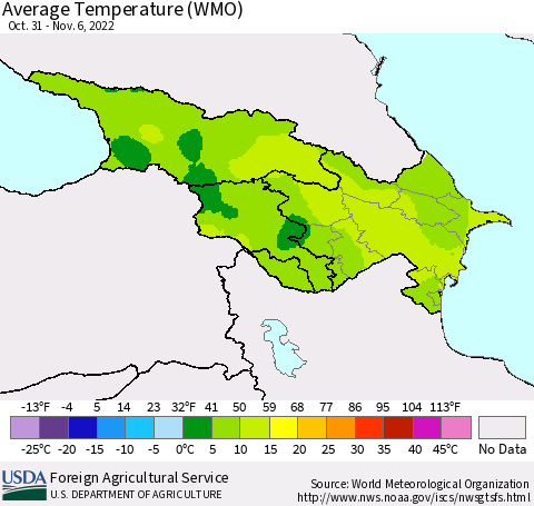 Azerbaijan, Armenia and Georgia Average Temperature (WMO) Thematic Map For 10/31/2022 - 11/6/2022