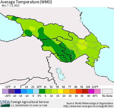 Azerbaijan, Armenia and Georgia Average Temperature (WMO) Thematic Map For 11/7/2022 - 11/13/2022