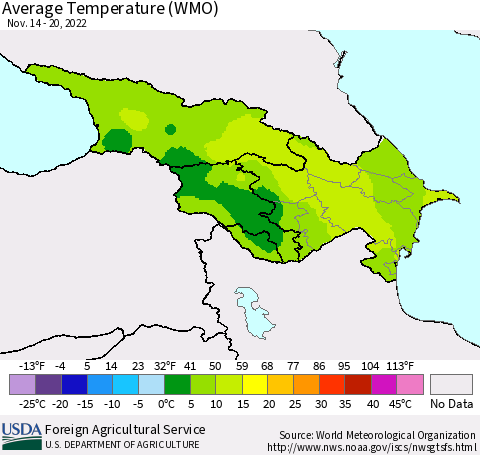 Azerbaijan, Armenia and Georgia Average Temperature (WMO) Thematic Map For 11/14/2022 - 11/20/2022