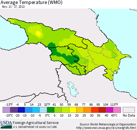 Azerbaijan, Armenia and Georgia Average Temperature (WMO) Thematic Map For 11/21/2022 - 11/27/2022