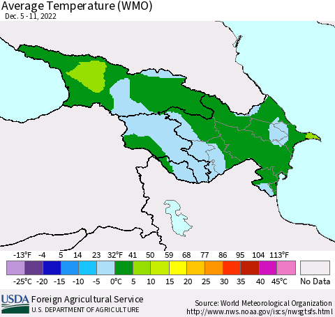 Azerbaijan, Armenia and Georgia Average Temperature (WMO) Thematic Map For 12/5/2022 - 12/11/2022