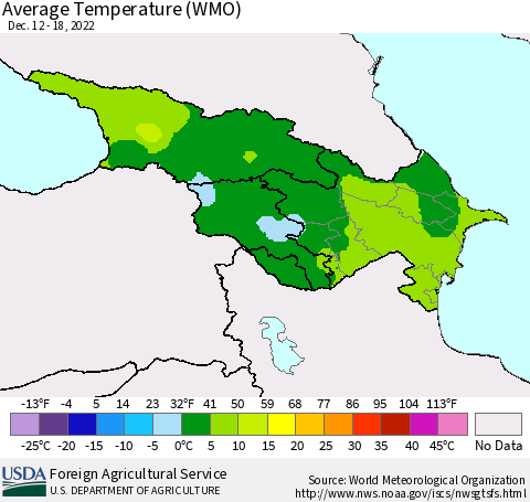 Azerbaijan, Armenia and Georgia Average Temperature (WMO) Thematic Map For 12/12/2022 - 12/18/2022