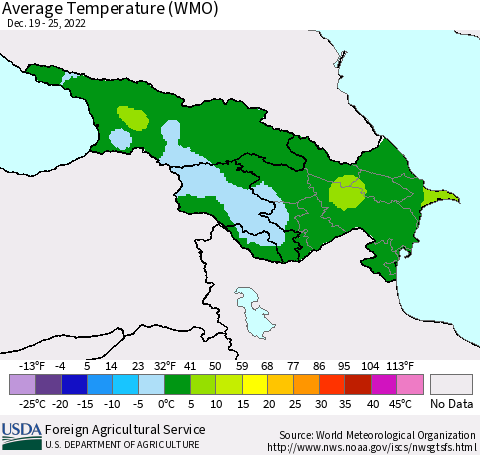 Azerbaijan, Armenia and Georgia Average Temperature (WMO) Thematic Map For 12/19/2022 - 12/25/2022
