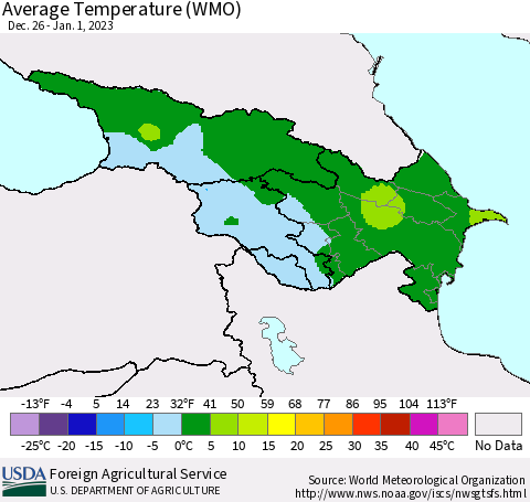 Azerbaijan, Armenia and Georgia Average Temperature (WMO) Thematic Map For 12/26/2022 - 1/1/2023