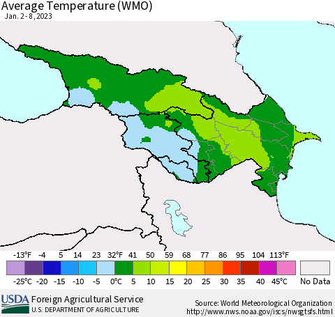 Azerbaijan, Armenia and Georgia Average Temperature (WMO) Thematic Map For 1/2/2023 - 1/8/2023