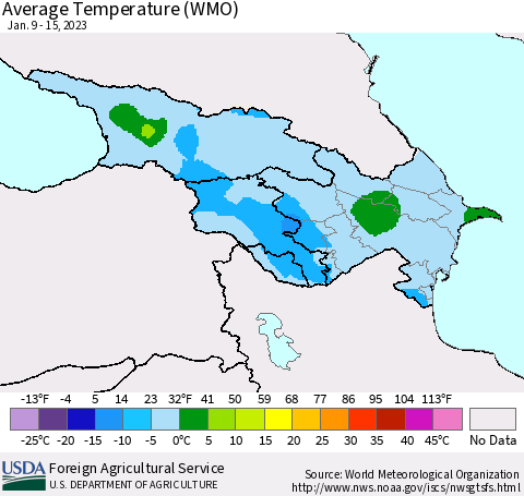 Azerbaijan, Armenia and Georgia Average Temperature (WMO) Thematic Map For 1/9/2023 - 1/15/2023