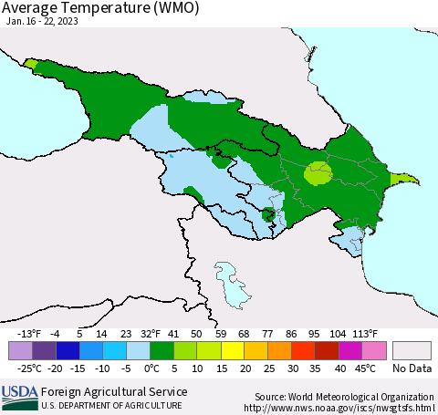 Azerbaijan, Armenia and Georgia Average Temperature (WMO) Thematic Map For 1/16/2023 - 1/22/2023