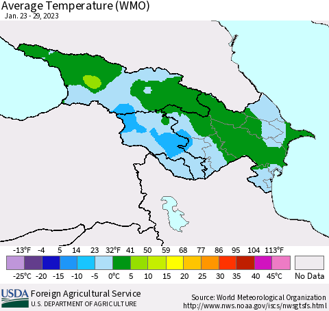 Azerbaijan, Armenia and Georgia Average Temperature (WMO) Thematic Map For 1/23/2023 - 1/29/2023