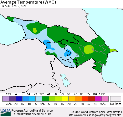 Azerbaijan, Armenia and Georgia Average Temperature (WMO) Thematic Map For 1/30/2023 - 2/5/2023