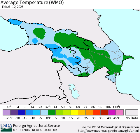 Azerbaijan, Armenia and Georgia Average Temperature (WMO) Thematic Map For 2/6/2023 - 2/12/2023