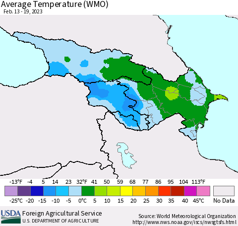 Azerbaijan, Armenia and Georgia Average Temperature (WMO) Thematic Map For 2/13/2023 - 2/19/2023