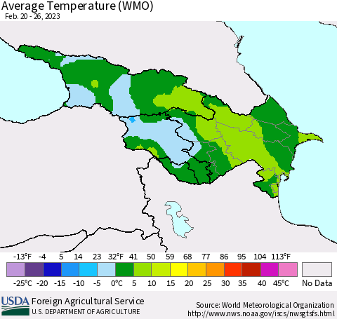 Azerbaijan, Armenia and Georgia Average Temperature (WMO) Thematic Map For 2/20/2023 - 2/26/2023