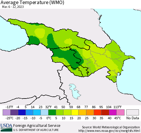Azerbaijan, Armenia and Georgia Average Temperature (WMO) Thematic Map For 3/6/2023 - 3/12/2023