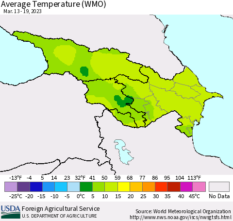 Azerbaijan, Armenia and Georgia Average Temperature (WMO) Thematic Map For 3/13/2023 - 3/19/2023