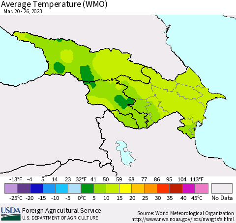 Azerbaijan, Armenia and Georgia Average Temperature (WMO) Thematic Map For 3/20/2023 - 3/26/2023