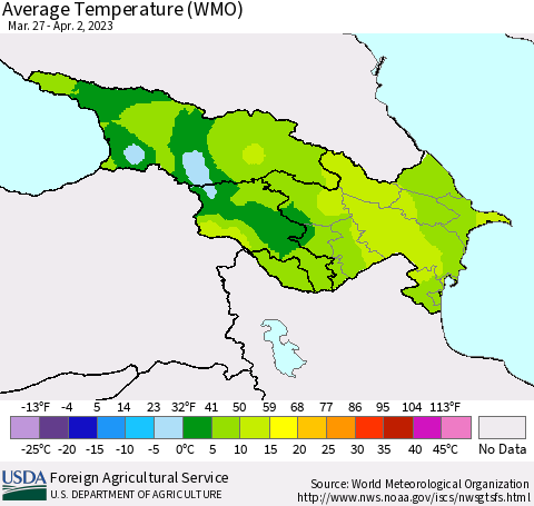Azerbaijan, Armenia and Georgia Average Temperature (WMO) Thematic Map For 3/27/2023 - 4/2/2023