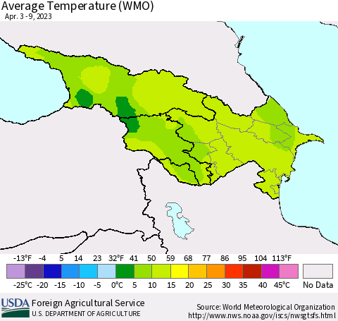 Azerbaijan, Armenia and Georgia Average Temperature (WMO) Thematic Map For 4/3/2023 - 4/9/2023