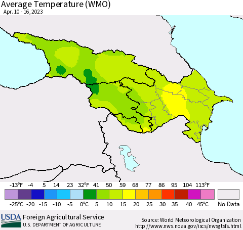 Azerbaijan, Armenia and Georgia Average Temperature (WMO) Thematic Map For 4/10/2023 - 4/16/2023