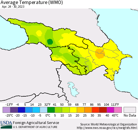 Azerbaijan, Armenia and Georgia Average Temperature (WMO) Thematic Map For 4/24/2023 - 4/30/2023