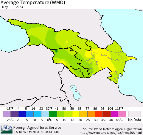 Azerbaijan, Armenia and Georgia Average Temperature (WMO) Thematic Map For 5/1/2023 - 5/7/2023
