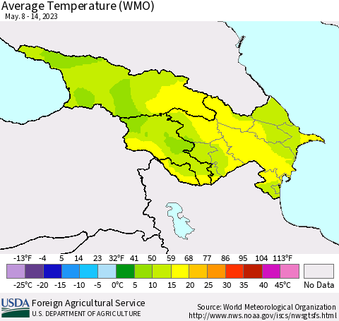 Azerbaijan, Armenia and Georgia Average Temperature (WMO) Thematic Map For 5/8/2023 - 5/14/2023