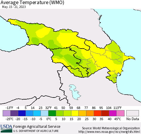 Azerbaijan, Armenia and Georgia Average Temperature (WMO) Thematic Map For 5/15/2023 - 5/21/2023