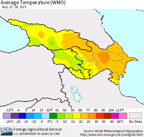 Azerbaijan, Armenia and Georgia Average Temperature (WMO) Thematic Map For 5/22/2023 - 5/28/2023
