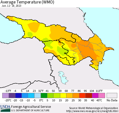 Azerbaijan, Armenia and Georgia Average Temperature (WMO) Thematic Map For 6/12/2023 - 6/18/2023