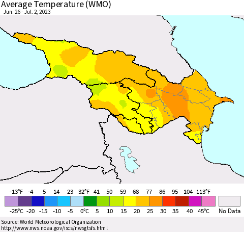 Azerbaijan, Armenia and Georgia Average Temperature (WMO) Thematic Map For 6/26/2023 - 7/2/2023