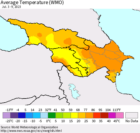 Azerbaijan, Armenia and Georgia Average Temperature (WMO) Thematic Map For 7/3/2023 - 7/9/2023