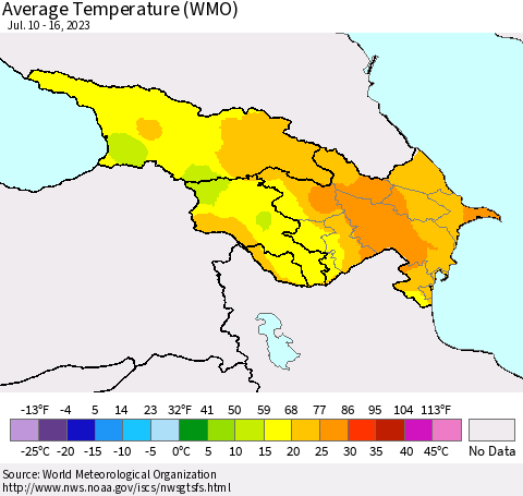 Azerbaijan, Armenia and Georgia Average Temperature (WMO) Thematic Map For 7/10/2023 - 7/16/2023