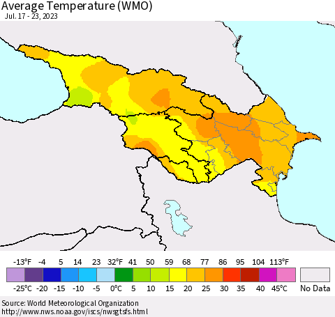 Azerbaijan, Armenia and Georgia Average Temperature (WMO) Thematic Map For 7/17/2023 - 7/23/2023
