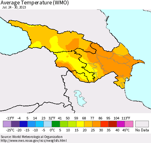Azerbaijan, Armenia and Georgia Average Temperature (WMO) Thematic Map For 7/24/2023 - 7/30/2023