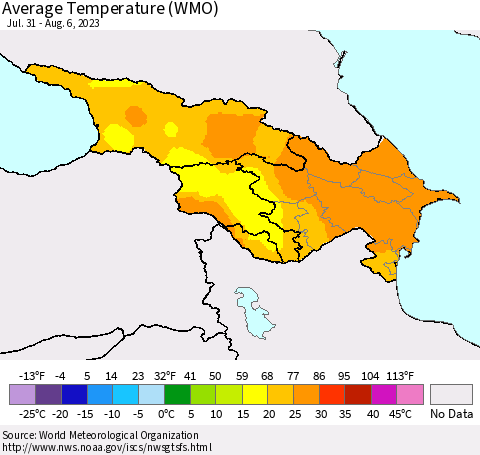 Azerbaijan, Armenia and Georgia Average Temperature (WMO) Thematic Map For 7/31/2023 - 8/6/2023
