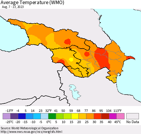 Azerbaijan, Armenia and Georgia Average Temperature (WMO) Thematic Map For 8/7/2023 - 8/13/2023