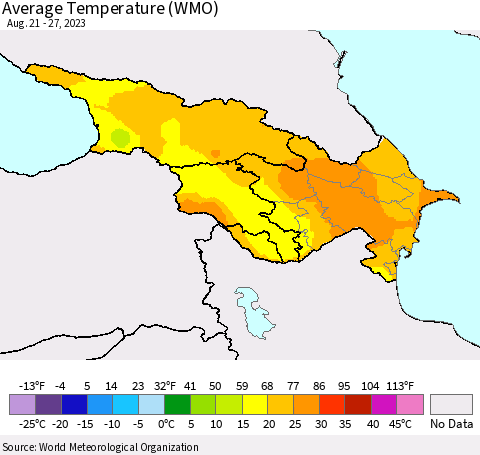 Azerbaijan, Armenia and Georgia Average Temperature (WMO) Thematic Map For 8/21/2023 - 8/27/2023