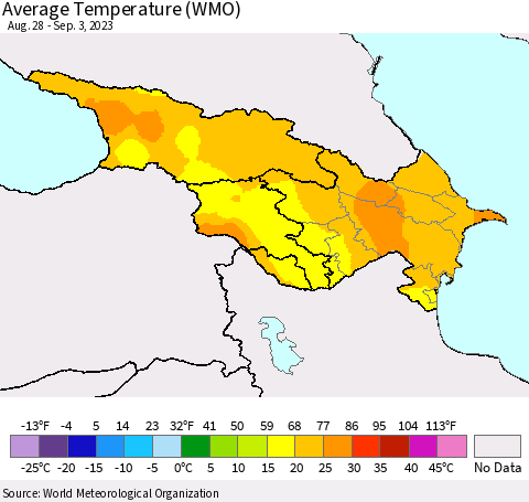Azerbaijan, Armenia and Georgia Average Temperature (WMO) Thematic Map For 8/28/2023 - 9/3/2023