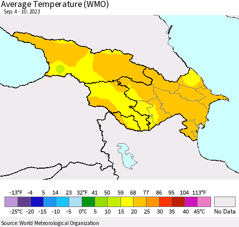 Azerbaijan, Armenia and Georgia Average Temperature (WMO) Thematic Map For 9/4/2023 - 9/10/2023