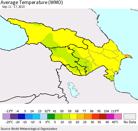 Azerbaijan, Armenia and Georgia Average Temperature (WMO) Thematic Map For 9/11/2023 - 9/17/2023