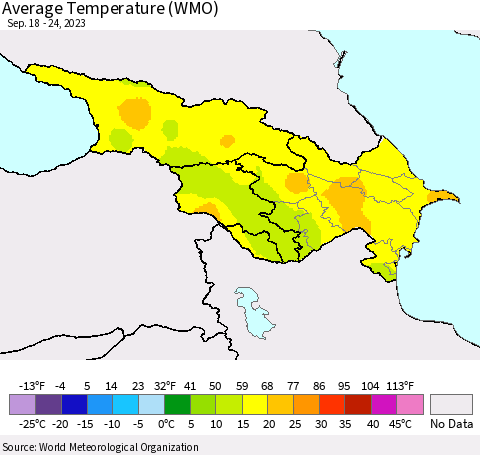 Azerbaijan, Armenia and Georgia Average Temperature (WMO) Thematic Map For 9/18/2023 - 9/24/2023