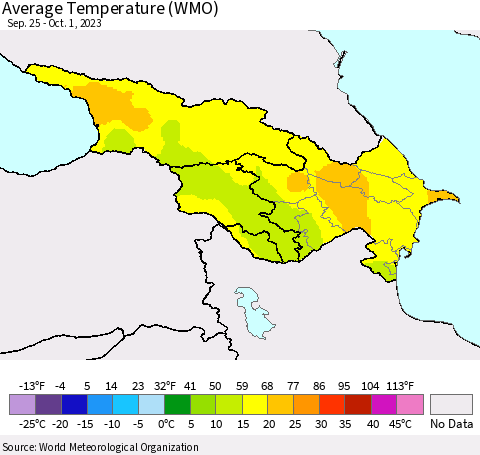 Azerbaijan, Armenia and Georgia Average Temperature (WMO) Thematic Map For 9/25/2023 - 10/1/2023