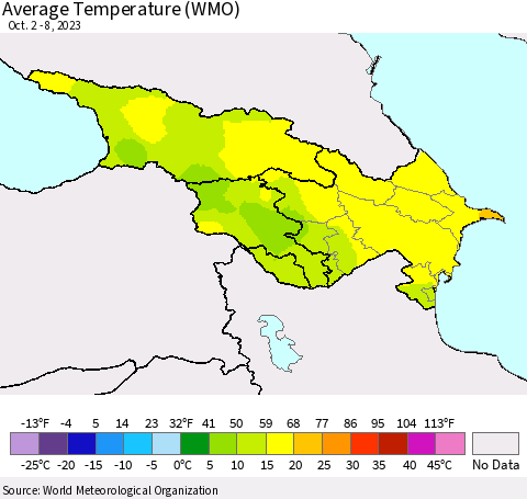 Azerbaijan, Armenia and Georgia Average Temperature (WMO) Thematic Map For 10/2/2023 - 10/8/2023