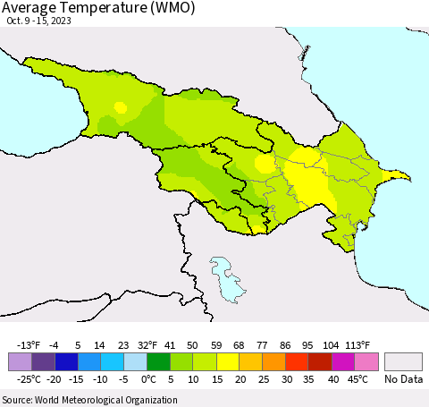 Azerbaijan, Armenia and Georgia Average Temperature (WMO) Thematic Map For 10/9/2023 - 10/15/2023