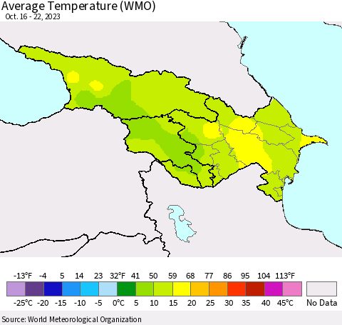 Azerbaijan, Armenia and Georgia Average Temperature (WMO) Thematic Map For 10/16/2023 - 10/22/2023