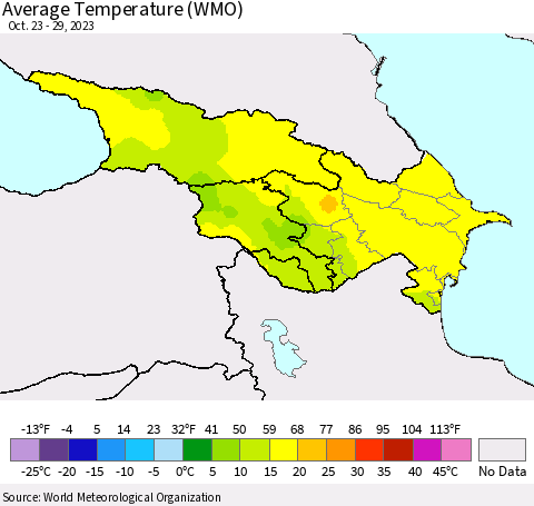 Azerbaijan, Armenia and Georgia Average Temperature (WMO) Thematic Map For 10/23/2023 - 10/29/2023