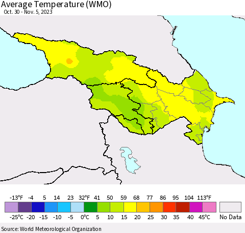 Azerbaijan, Armenia and Georgia Average Temperature (WMO) Thematic Map For 10/30/2023 - 11/5/2023