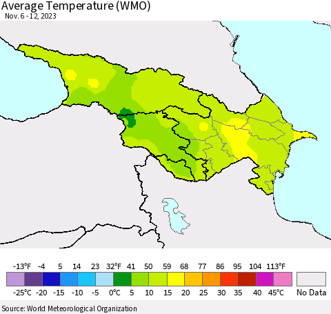 Azerbaijan, Armenia and Georgia Average Temperature (WMO) Thematic Map For 11/6/2023 - 11/12/2023