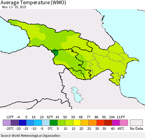 Azerbaijan, Armenia and Georgia Average Temperature (WMO) Thematic Map For 11/13/2023 - 11/19/2023