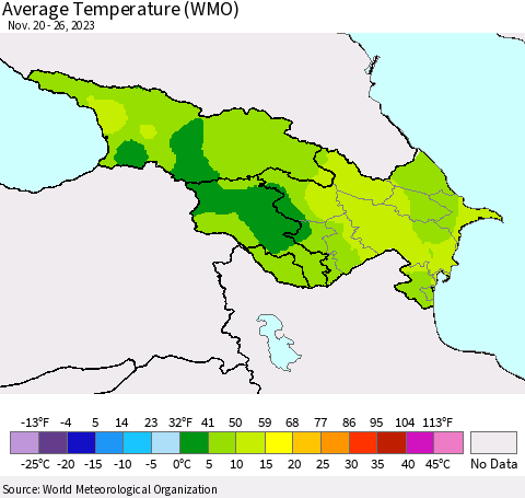 Azerbaijan, Armenia and Georgia Average Temperature (WMO) Thematic Map For 11/20/2023 - 11/26/2023